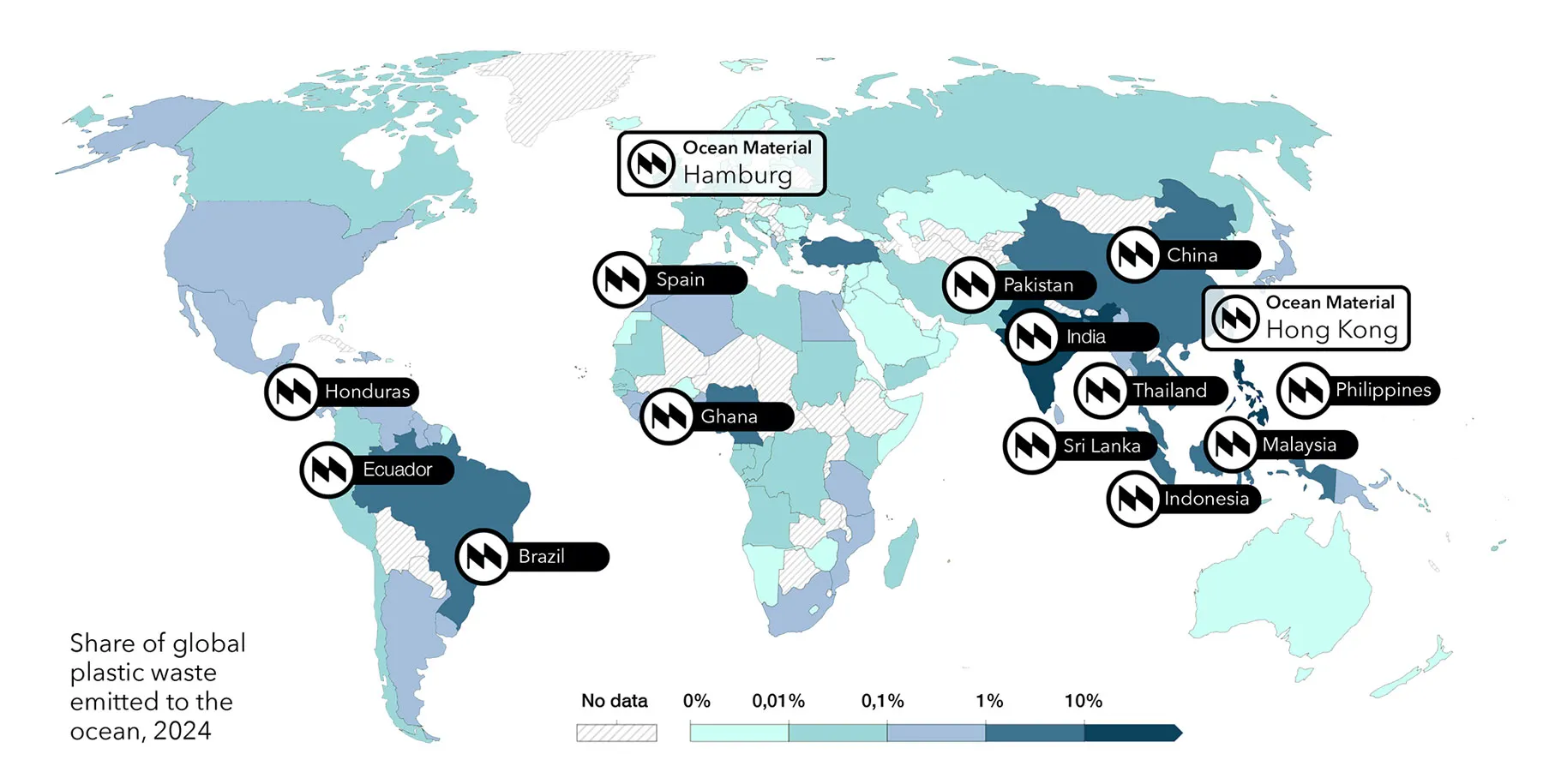 World map showing the share of global plastic waste emitted to the ocean and Ocean Material locations