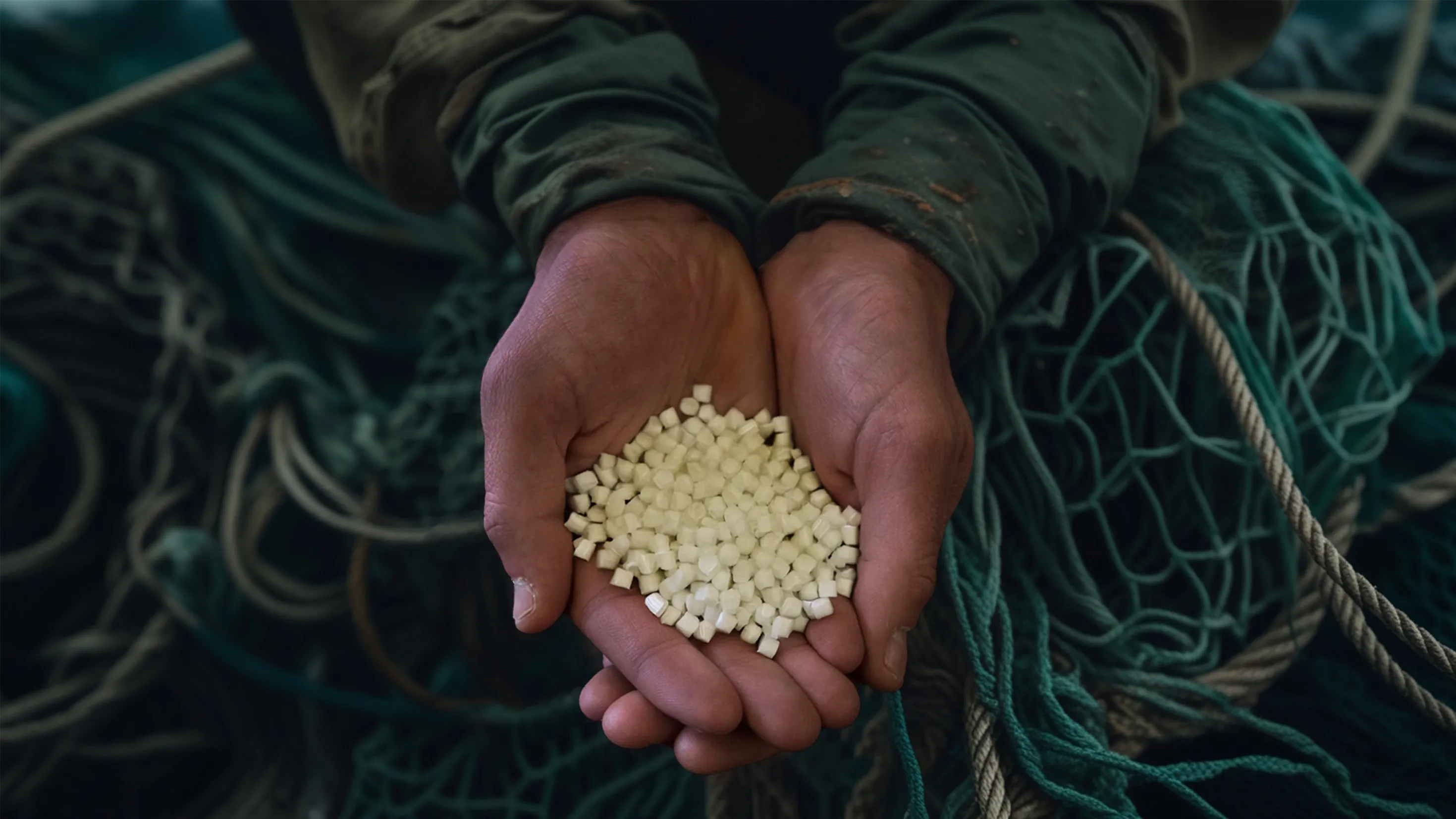 Hands holding recycled plastic pellets over fishing nets.
