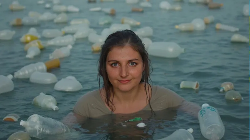 Woman surrounded by plastic bottles floating in water, created for an AI environmental awareness campaign by Ocean Material to illustrate global plastic pollution