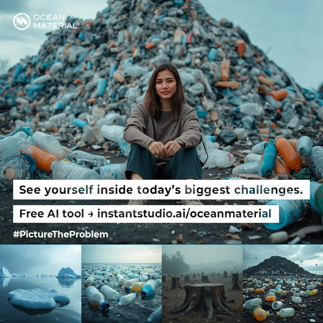 Young woman sitting in front of a mountain of plastic waste as part of an AI environmental awareness campaign by Ocean Material to highlight global waste challenges.