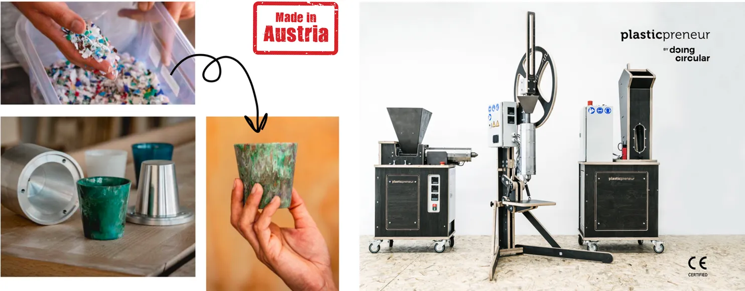Ocean plastic recycling workshop equipment and recycled products made in Austria including moulds and machines