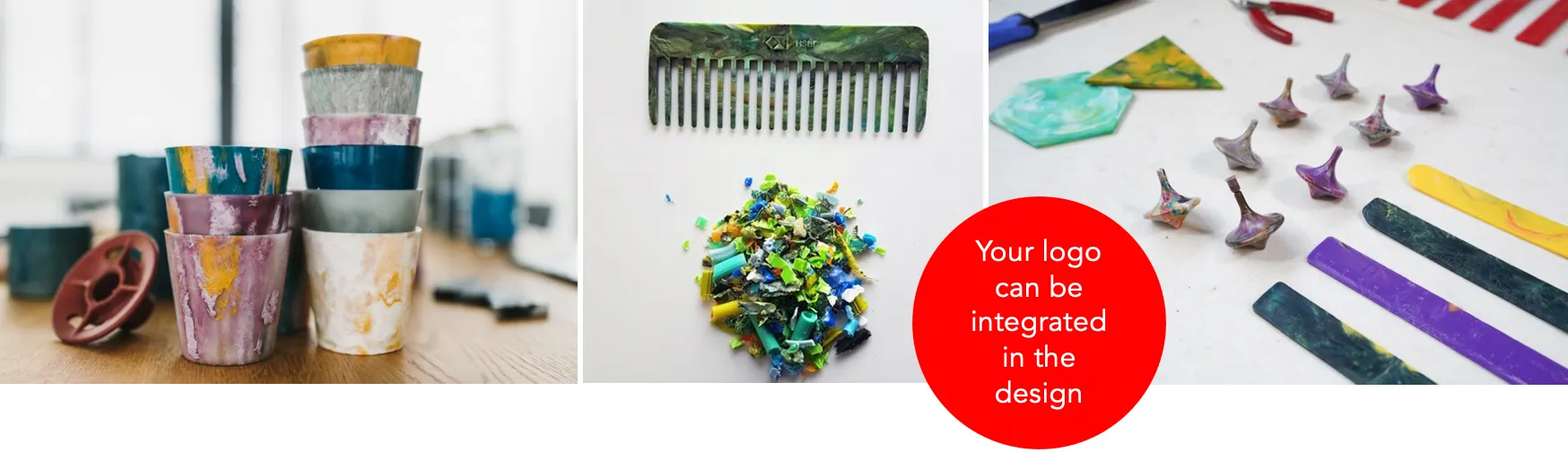 Recycled products created in ocean plastic recycling workshop including colorful pots, comb, and custom designs