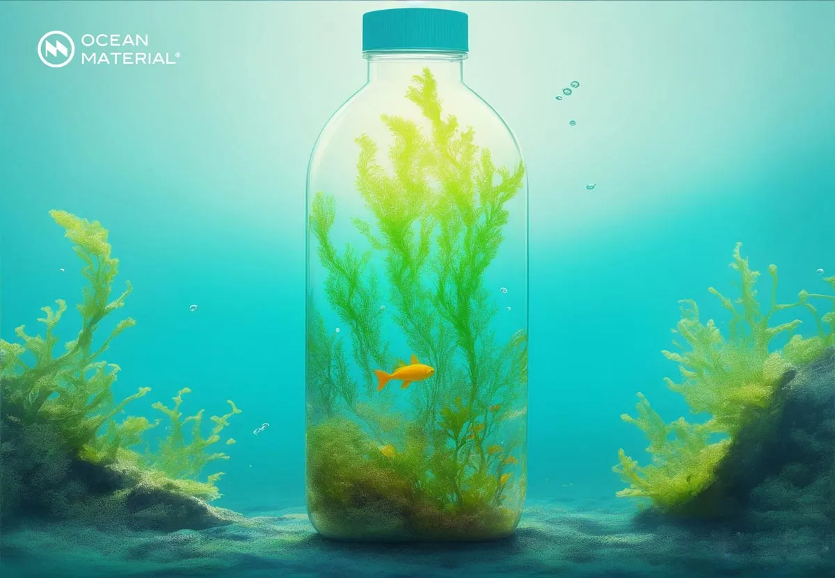 水下装有海藻的瓶子，展示海藻聚合物包装概念