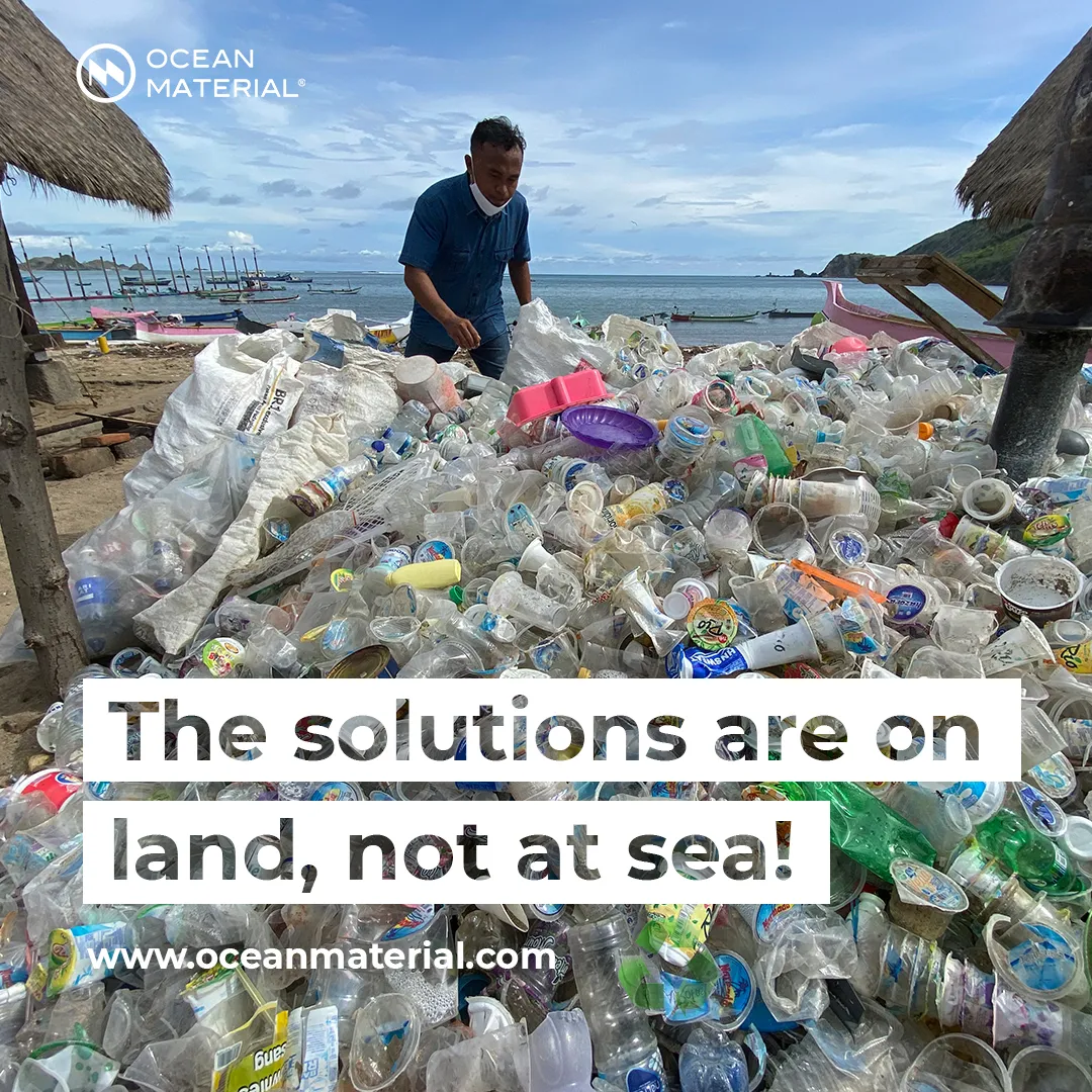 Man sorting ocean-bound plastic bottles on a Southeast Asian beach with text overlay: “The solutions are on land, not at sea” – highlighting the importance of land-based plastic prevention