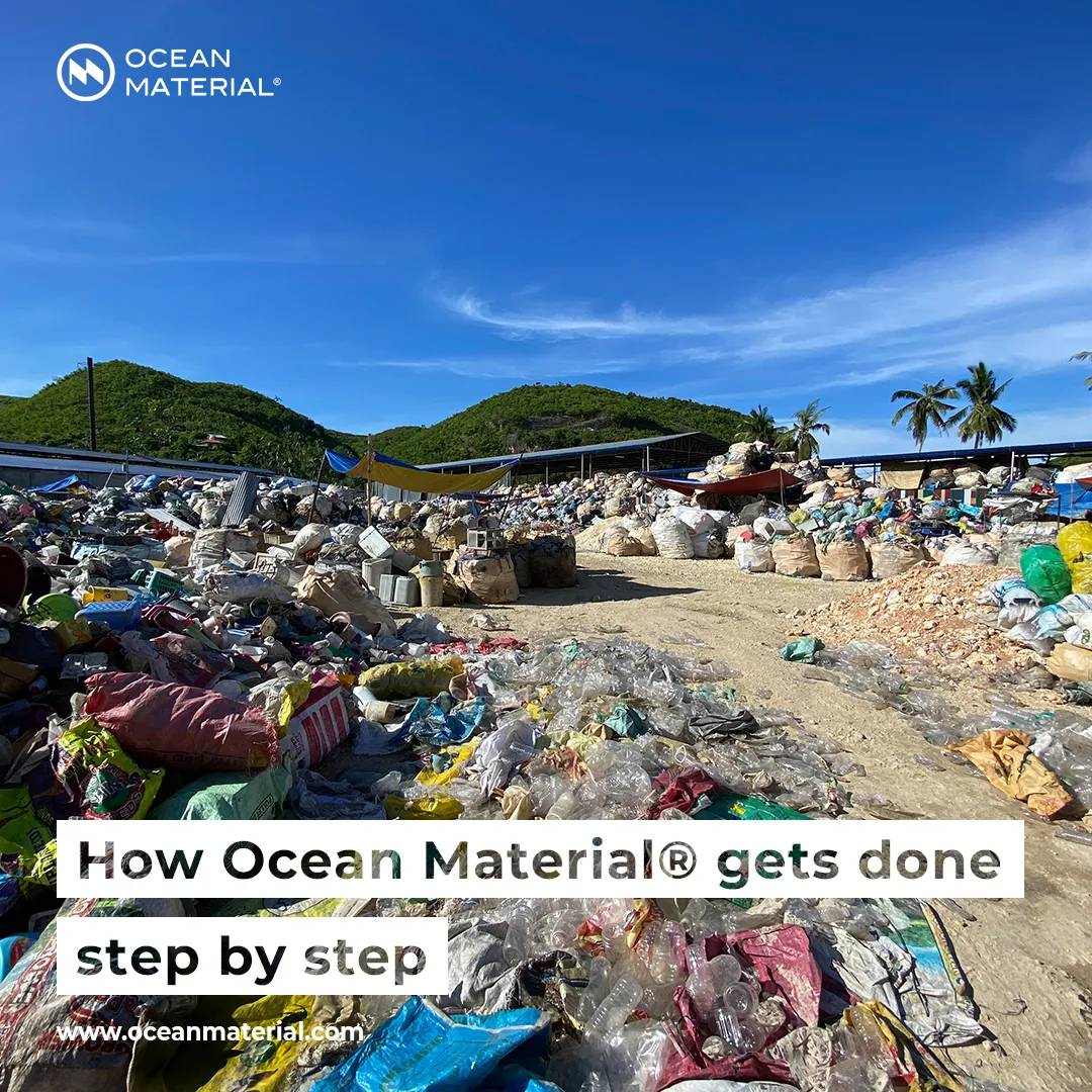 Collection point for plastic waste in a rural coastal area in the Philippines, showing the starting point of Ocean Material’s certified supply chain – with the text: “How Ocean Material gets done step by step”.