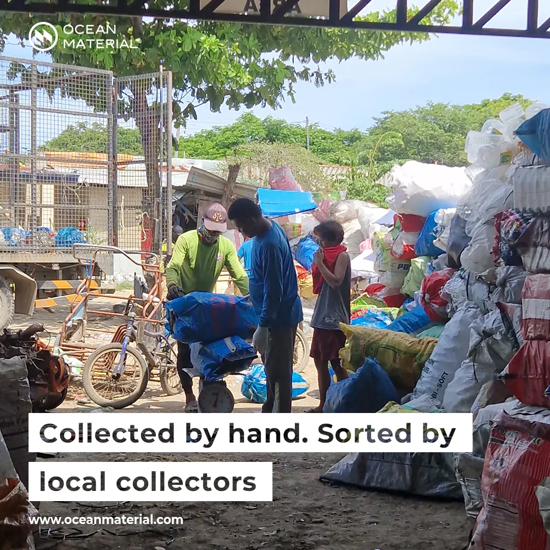 Local waste collectors in the Philippines weighing and sorting plastic waste by hand at a community collection site, with text overlay: “Collected by hand. Sorted by local collectors”.