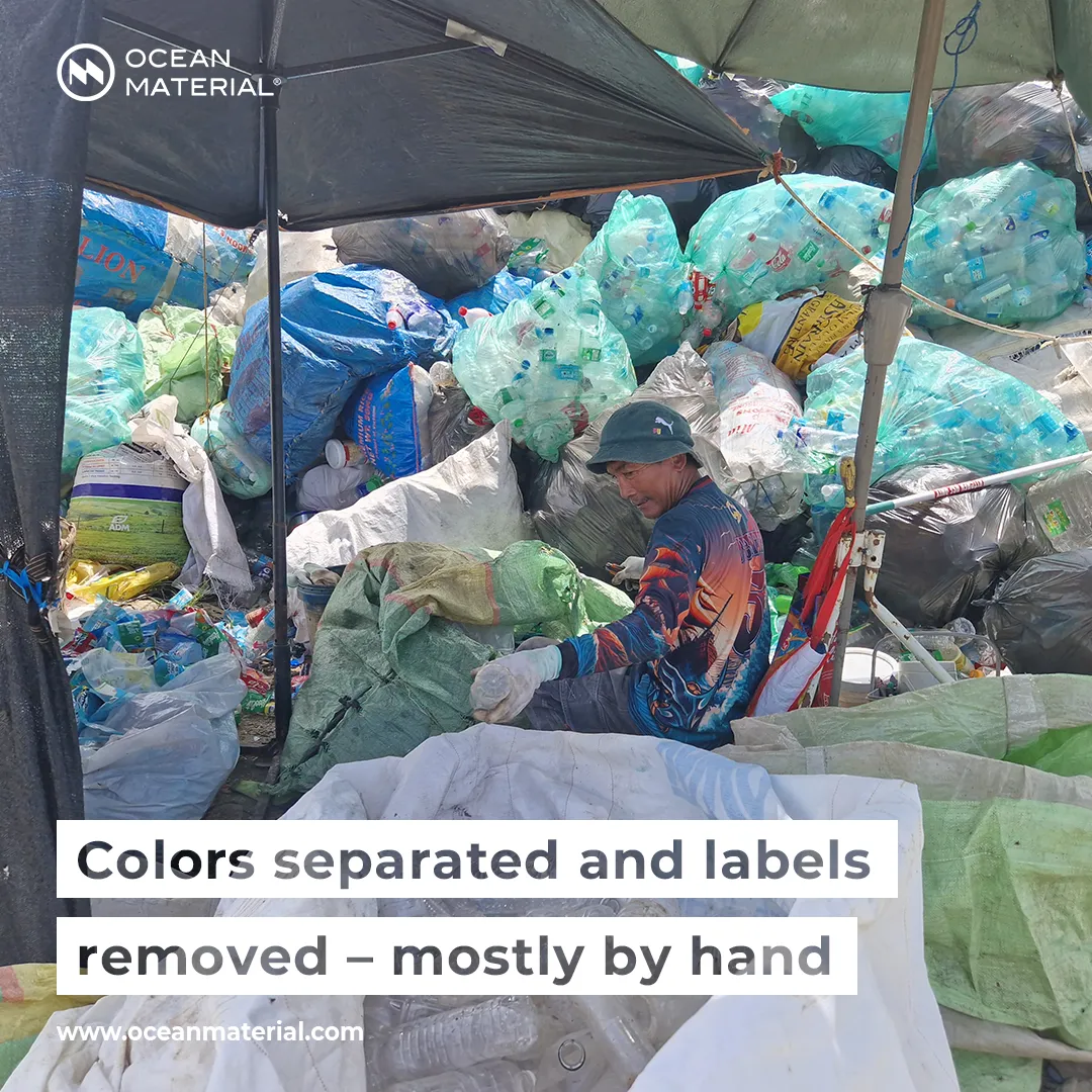Local workers manually separate plastic bottles by color and remove labels at a recycling collection site. Visible text overlay reads: “Colors separated and labels removed – mostly by hand”.