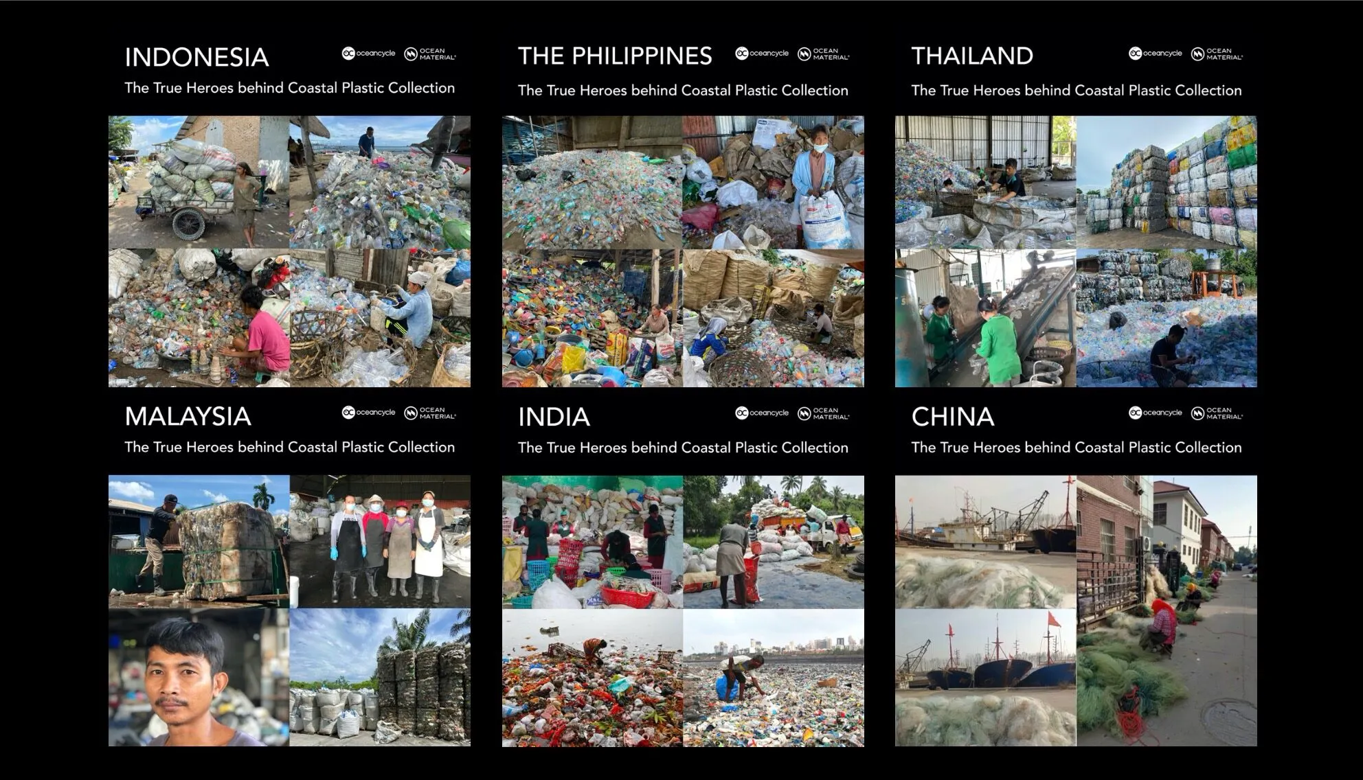 Collage of the true heroes behind coastal plastic collection Asia – people in Indonesia, the Philippines, Thailand, Malaysia, India, and China collecting ocean plastic waste