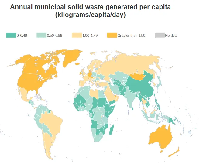 World map showing annual municipal solid waste generated per capita by country, highlighting global waste management patterns