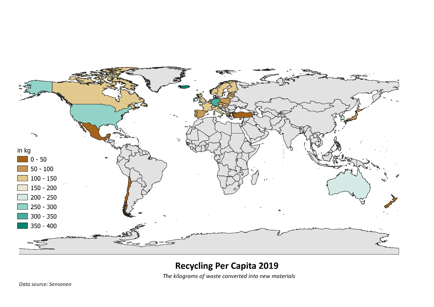 Global map of recycling per capita by country in 2019, showing kilograms of waste converted into new materials