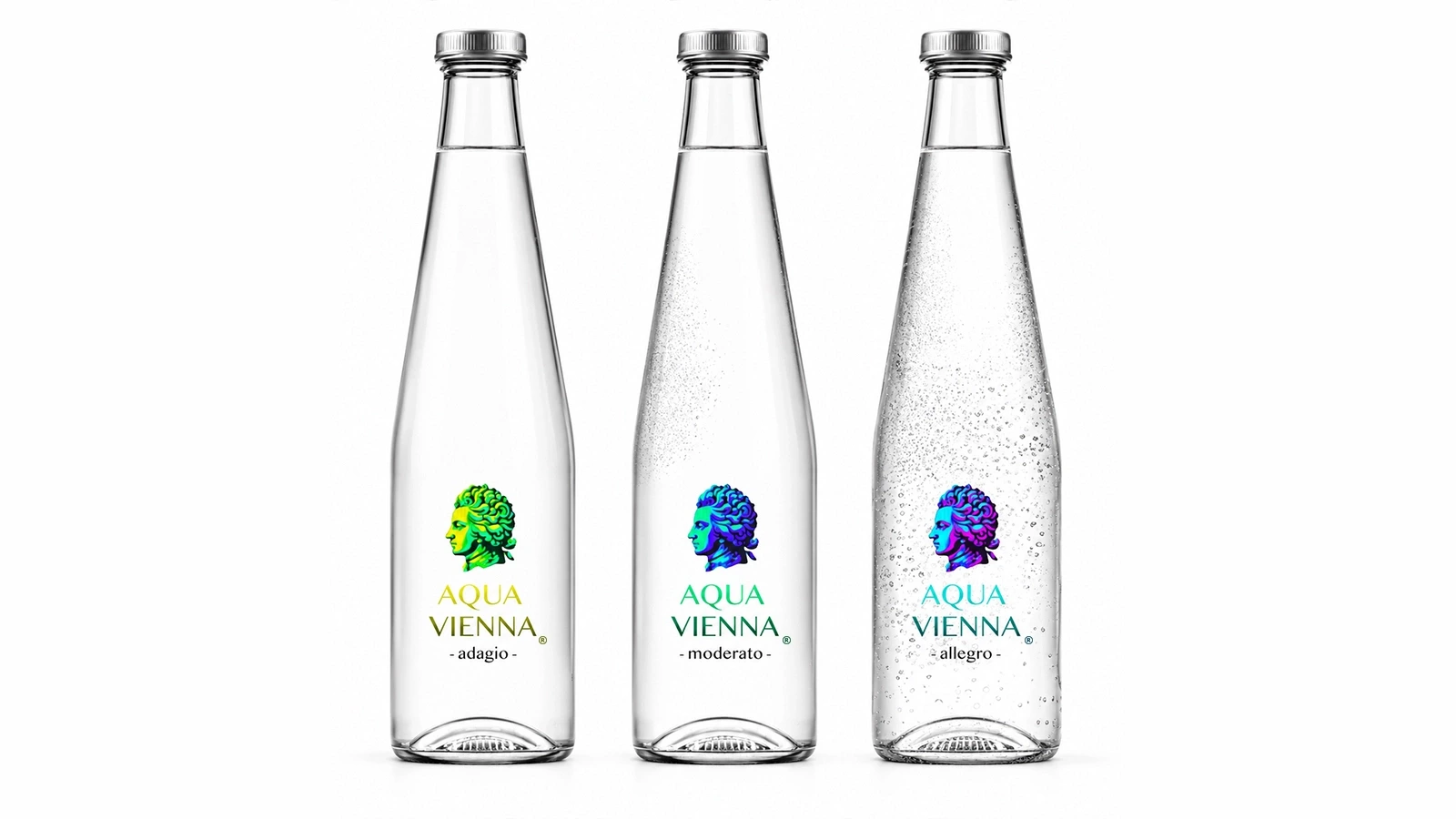 Three glass bottle designs for the Aqua Vienna packaging concept