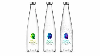 Three glass bottle designs for the Aqua Vienna packaging concept