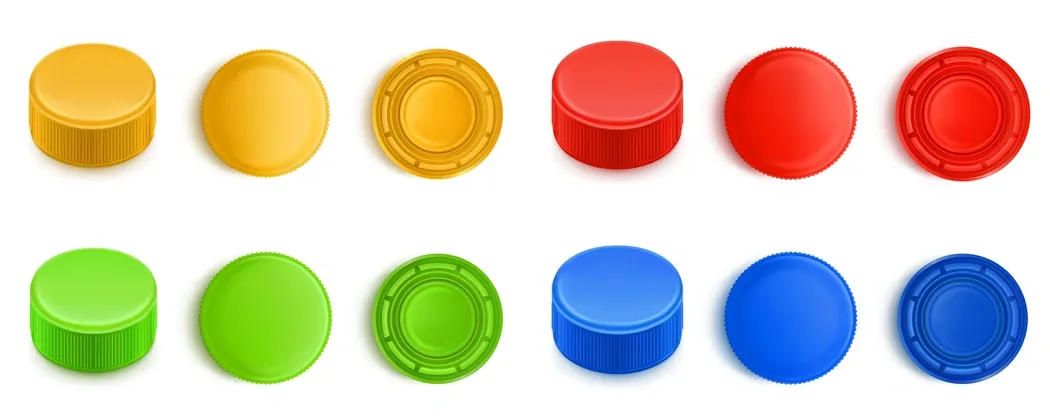 Colorful polypropylene bottle caps – plastic recycling examples for PP (Code 5) materials