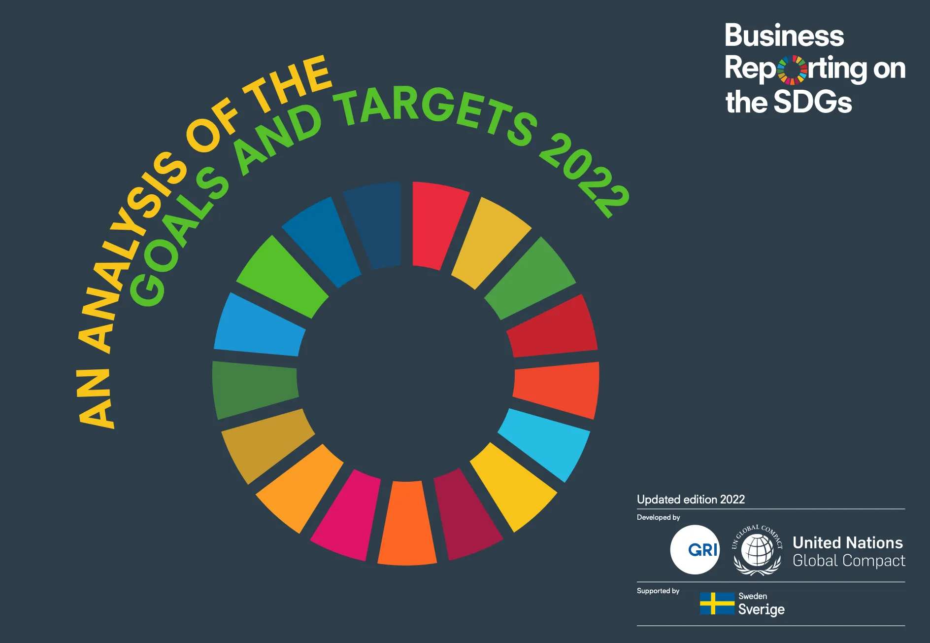 Cover image of the report "Business Reporting on the SDGs – An Analysis of the Goals and Targets 2022", showing a colorful Sustainable Development Goals circle, related to sustainability reporting SDGs